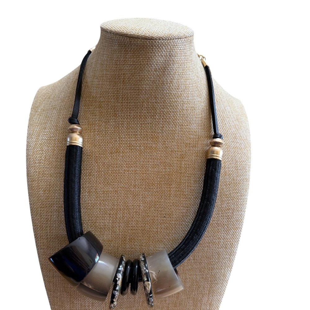 NEW Chicos Black Cord Chunky Resin Bead Statement Necklace Gold Tone NWT 1433